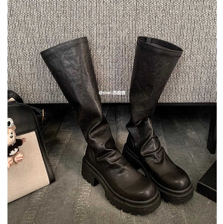 เดียวกัน] Suyin ~ ฤดูใบไม้ร่วงและฤดูหนาวหนาด้านล่างส้นจีบปานกลางสูงยางยืดกองรองเท้าผู้หญิงยาว ❤