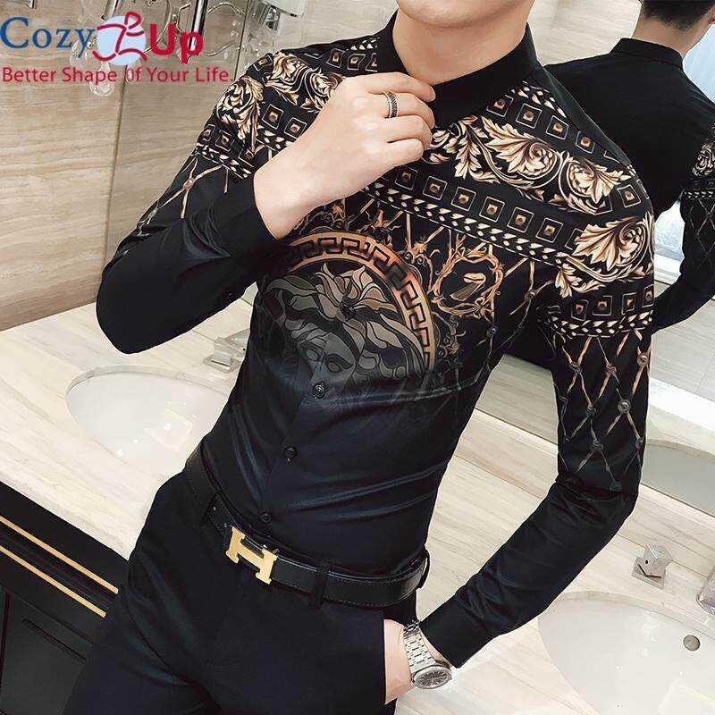 Social COZY GOLD Club เสื้อฤดูใบไม้ร่วงหรูหรา Baroque Camisa SLIM FIT Black