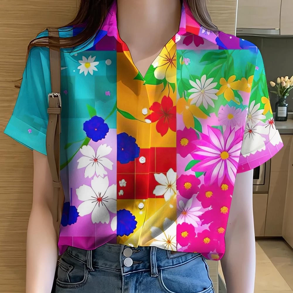 เสื้อลายดอกผู้หญิง ทรงฮาวาย แขนสั้น ลายรุ้ง thumbnail 4