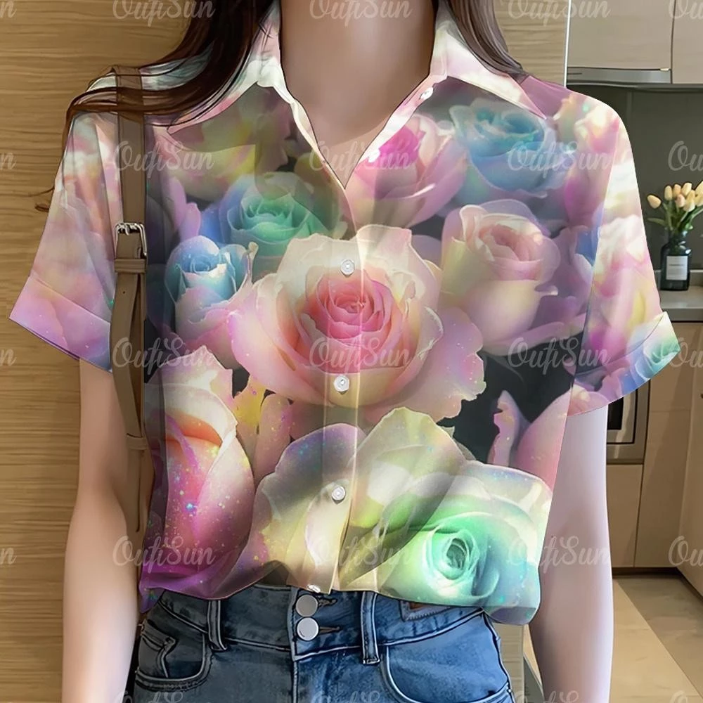เสื้อoversizeผู้หญิง ลายกราฟฟิตี้และลายดอกไม้ สไตล์ฮาวายแขนสั้น thumbnail 7