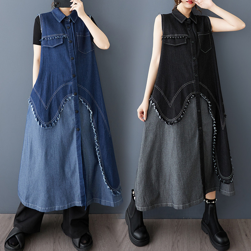 Ladivi Plus ขนาดแฟชั่นผู้หญิง Denim ชุดแขนกุดลําลองหลวมขนาดใหญ่ฤดูร้อน Tunic 8620 C047