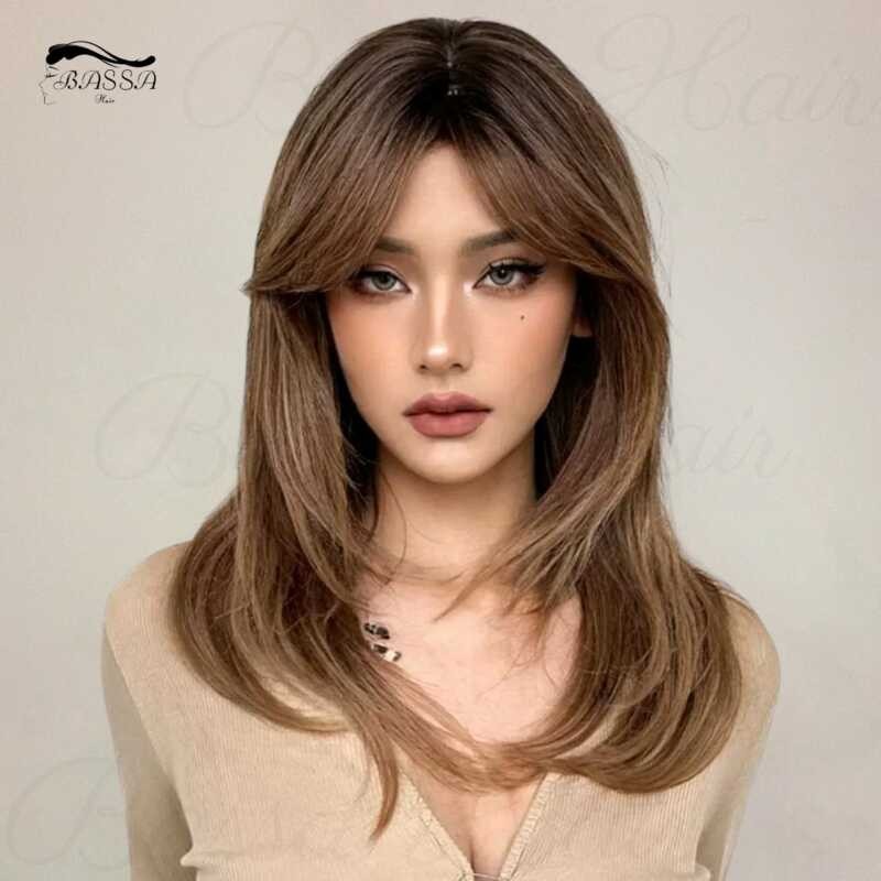 ➧ [Bassahair]Long Wigs For Women Ombre Brown Synthetic Curly Hair Wig Middle Parting