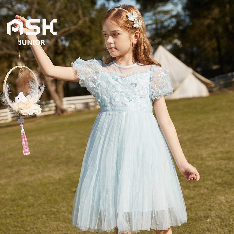 ❤ ASK JUNIOR Girls 4-15 Years Old Thin Short Sleeve Gauze Princess Dress