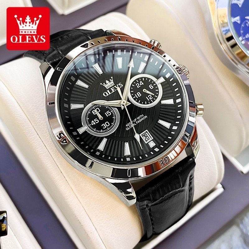 OLEVS นาฬิกาผู้ชาย กันน้ำได้ 100% สายหนัง แท้ แบรนด์ นาฬิกาข้อมือผู้ชาย สเตนเลส นาฬิกาชาย สีดำ สีขา