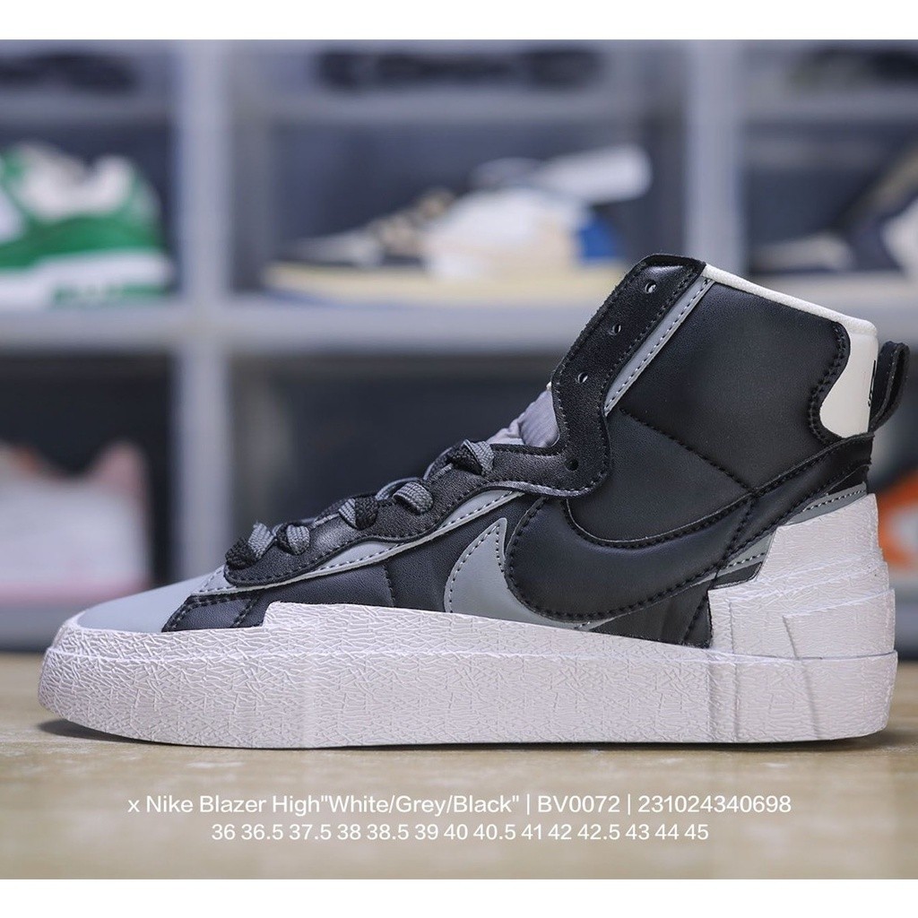 Sacai x Nike Blazer high "white/Grey/black รองเท ้ าผ ้ าใบคุณภาพสูงลําลอง, สีขาว, สีเทา, สีดํา