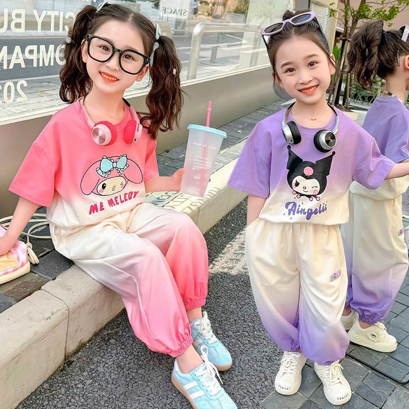 Onekid🚚 ชุดสูทแขนสั้นสำหรับเด็กผู้หญิงฤดูร้อนสไตล์ใหม่กางเกงลำลองแขนสั้น Kuromi สไตล์เด็กอินเทอร์เ