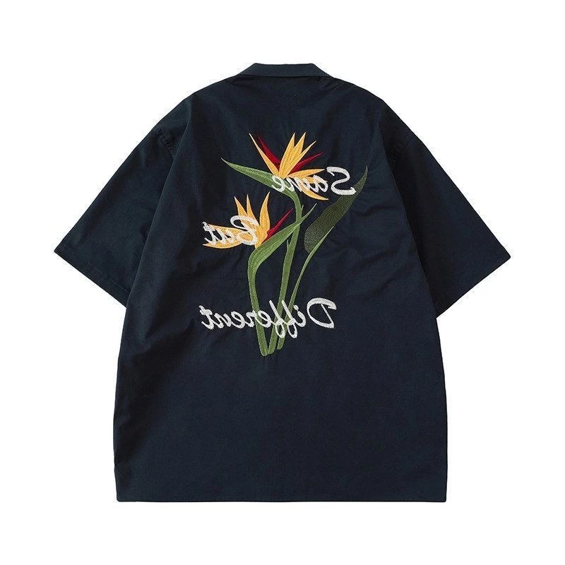 เสื้อเชิ้ตคอคิวบาแขนสั้น ลายปักดอกไม้นกแห่งสวรรค์ สไตล์วินเทจญี่ปุ่น thumbnail 6
