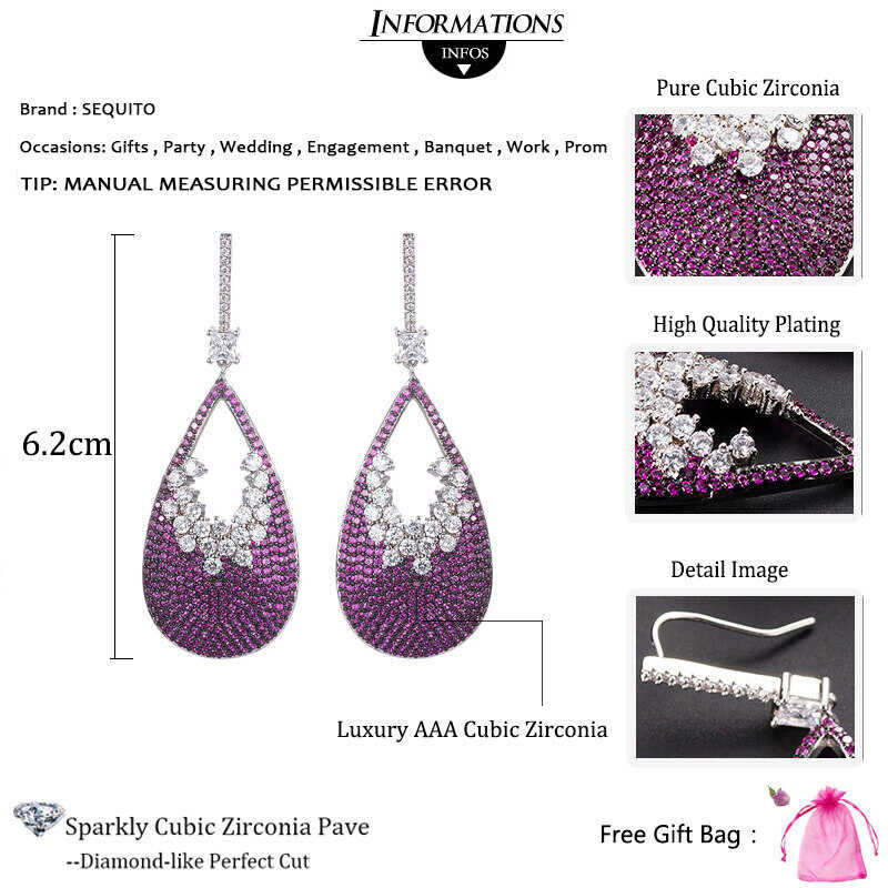 Brand Exquisite SEQUITO Long Tear Drop Dangle Earing Full Micro Inlay CZ Diamond Hook Earrings for