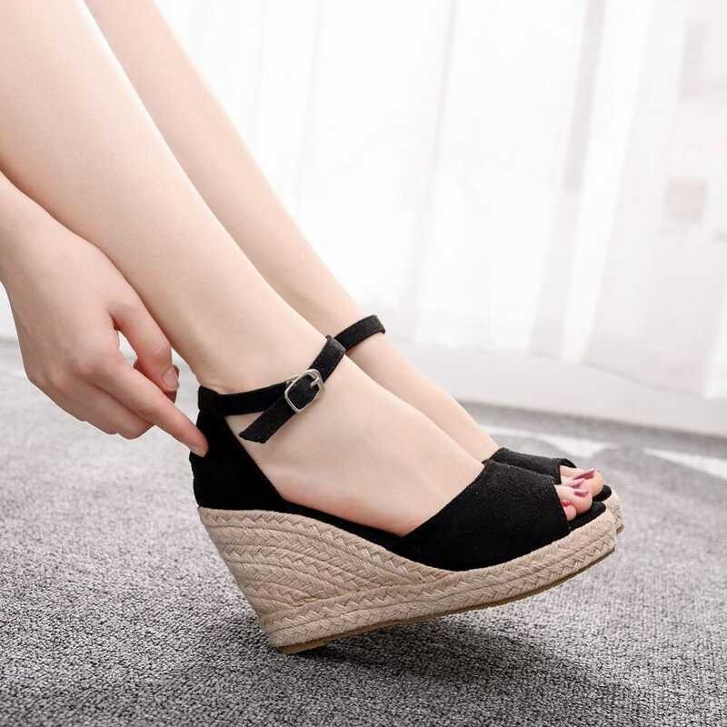 Queen Plus Crystal Size Bohemian Women Sandals Ankle Strap Straw Platform Wedges Female Shoes Flock