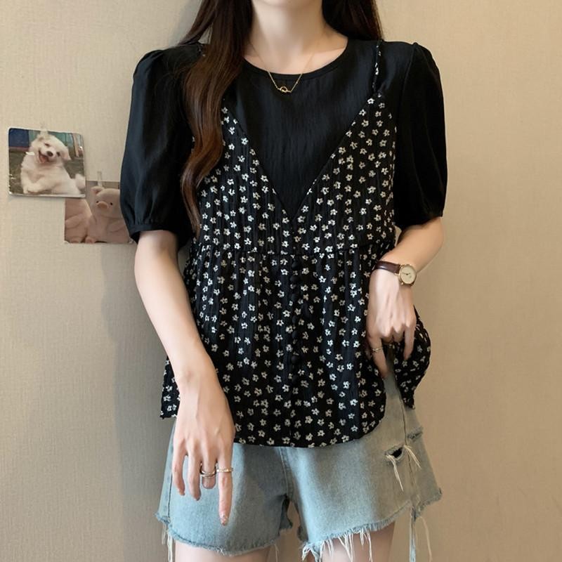 แขนพัฟขนาดใหญ่เย็บเสื้อเชิ้ตแขนสั้นลายดอกไม้สองชิ้นปลอมฤดูร้อน