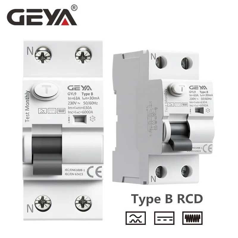 แม่เหล็ก GEYA GYL9 RCCB เครื่องตัดกระแสไฟตกค้าง DC ELCB 2P 4P 40A 63A 30Ma 100Ma 300Ma B ประเภท RCD รั่วไหล 6Ka