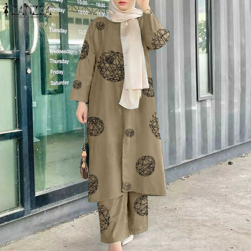 ❤ Hijabfab ZANZEA Muslimah ผู้หญิงมุสลิม2ชิ้นพิมพ์ชุดชุด O-คอแขน