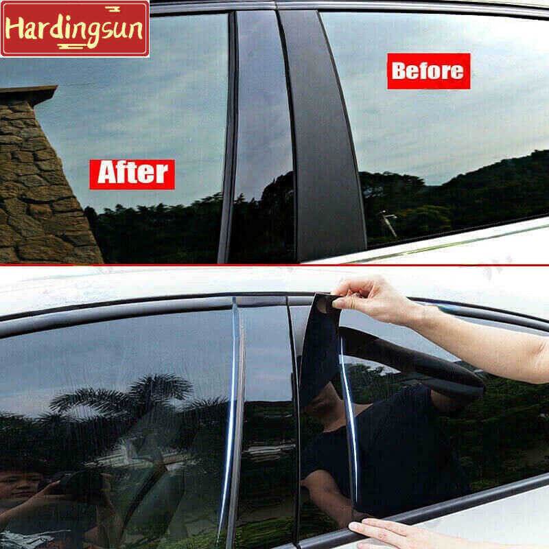 ❤ Hardingsun 6Pcs Glossy Carbon Fiber Black Car Door Window Column BC Pillar Post Cover Trim Stic