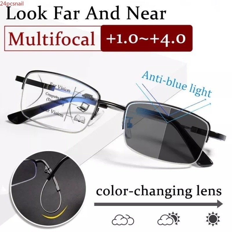 แว่นสายตายาวออกแดดเปลี่ยนสี กรอบแว่นตา ไทเทเนียม  สามารถมองได้ทั้งระยะใกล้และไกล แว่นกรองแสงสีฟ้า