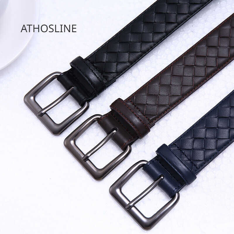 5 【3.5Cm】Athosline Men's Women Genuine Waistband Braid Leather Belt Jeans Casual Deep Blue Coffee