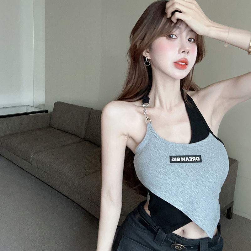 ♞,♘,♙Hong Kong Style Halter-neck Camisole Irregular Design Retro Top