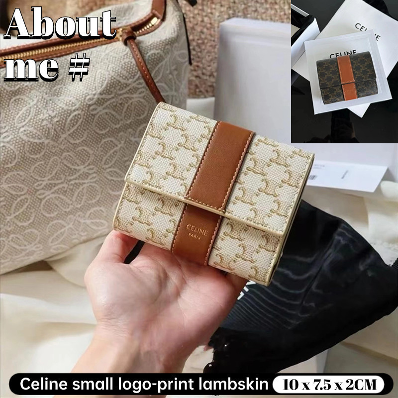 ♞,♘,♙Celine small logo-print lambskin tri-fold wallet กระเป๋าใส่เหรียญผู้หญิง สีแทน/ขาว