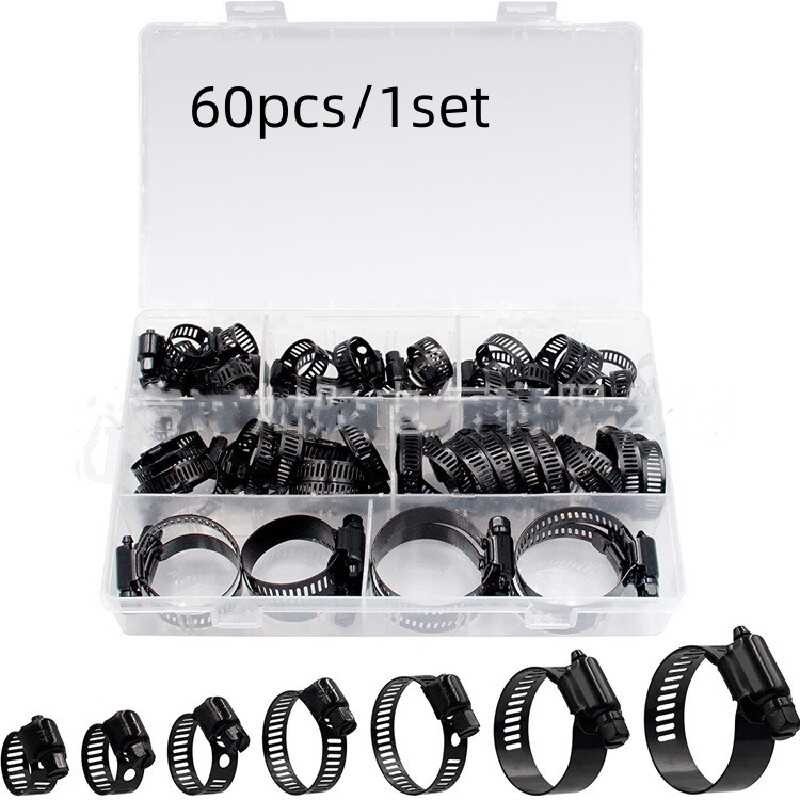 60Pcs 1Set Clamps Stainless Steel Adjustable 6-38Mm Range Worm Gear Black Hose Clamps Kit Clamps Fo