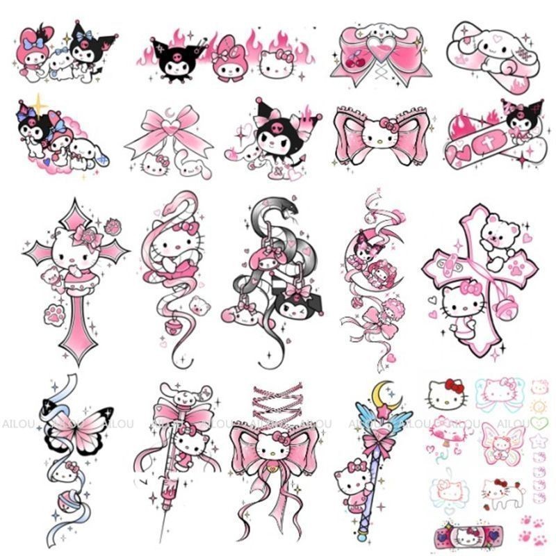 ♚-♚Hello Kitty Flower Arm Snake Tattoo สติกเกอร์กันน้ำ ติดทนนานและน่ารัก
