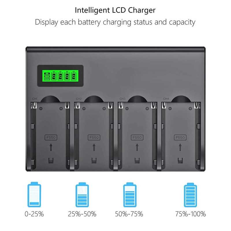 ❤️ 4-Channel Battery Charger พร้อมจอแสดงผล LCD สำหรับ Sony Np-F970, Np-F960, Np-F770, Np-F750,