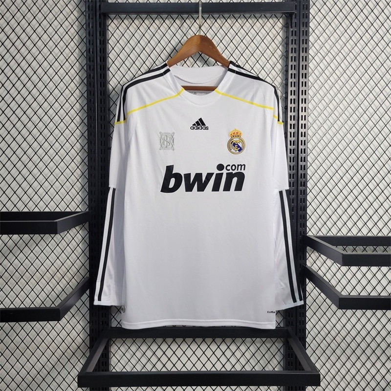เสื้อกีฬาแขนยาว ลายทีมชาติฟุตบอล Real Madrid 2009/10 ชุดเหย้า สีขาว สไตล์เรโทร สําหรับผู้ชาย