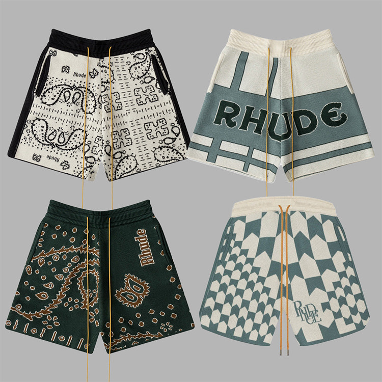 Rhude Color Matching Letters Knitted Jacquard Drawstring Shorts Plaid Paisley Casual Cropped Pants