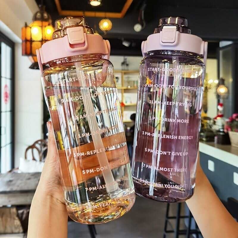 2 Liter 【hot】 Bottle Straw Female JugPortableBottles FiessCupCold Water Jug With Time Marker Portabl