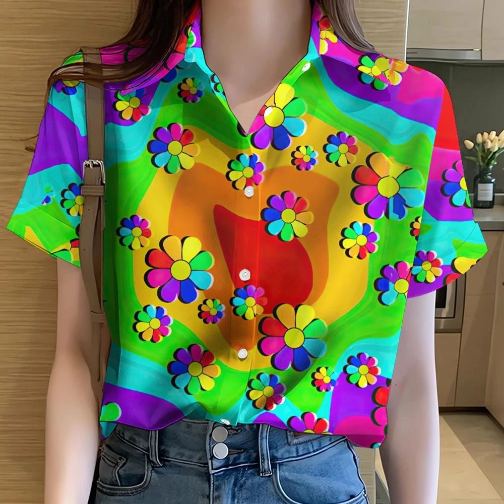 เสื้อลายดอกผู้หญิง ทรงฮาวาย แขนสั้น ลายรุ้ง