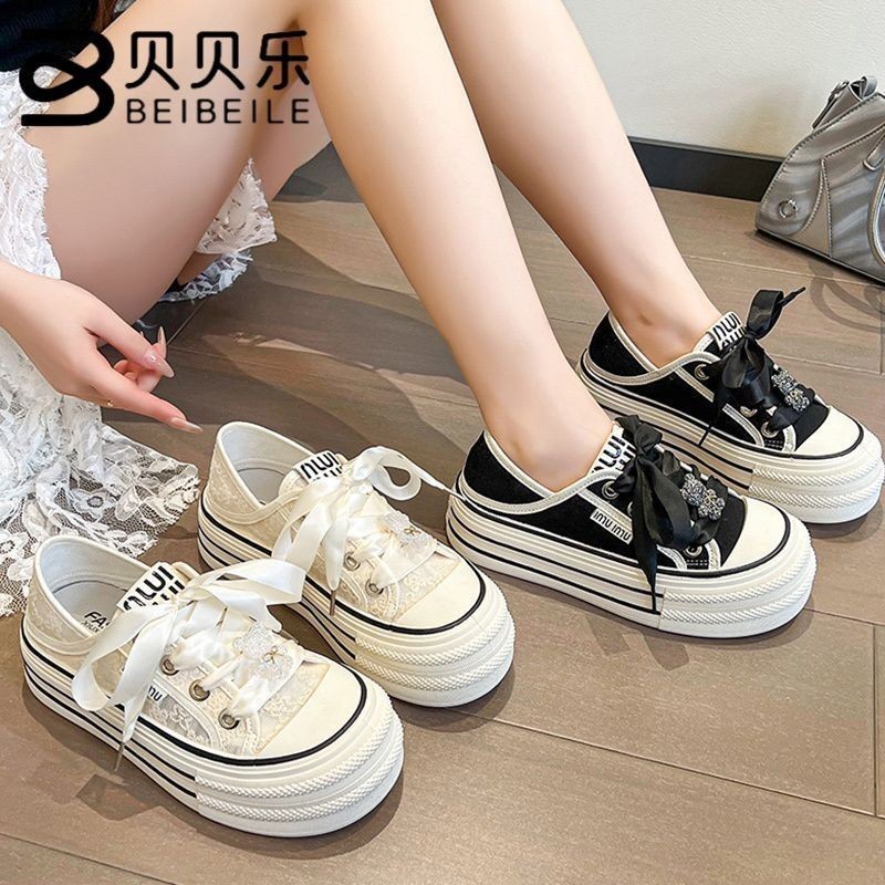 [MOON Ready Stock Fast Shipping ] Chanel Style Half Slippers Canvas Shoes Thick-Soled White Shoes Summer with Skirt Lace Gauze Sports Shoes