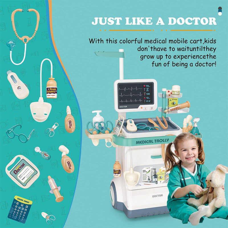 3-5 Kit Toddlers Years Old Realistic Medical Cart with Costume, Stethoscope - Pretend Kids Doctor P