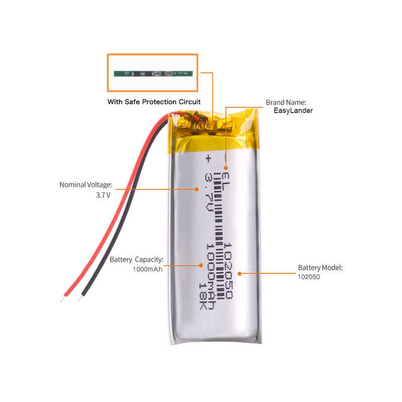 ➧ 1000Mah Li-Polymer Li-Ion แบตเตอรี่แบบชาร์จไฟได้ 3.7V 102050 พร้อม P