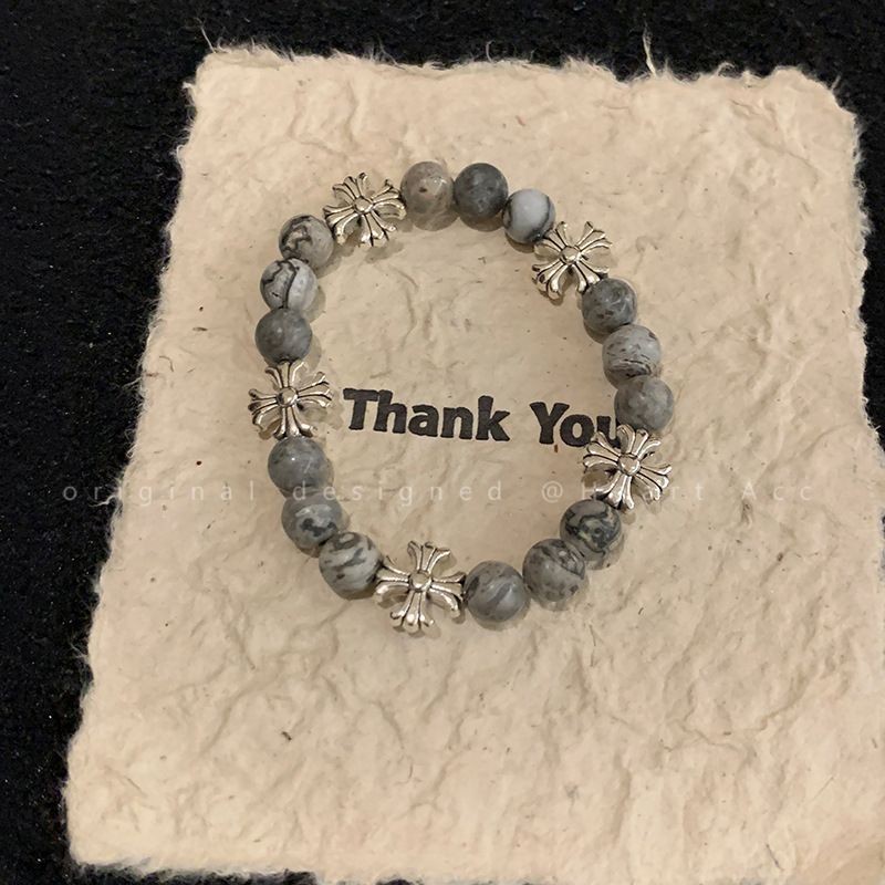 Chrome Hearts สร้อยข้อมือไขว้ลูกปัดหินธรรมชาติสีเทาผู้หญิงยุโรปและอเมริกา Retro สร้อยข้อมือเก่าผู้ชายอินเทรนด์และ
