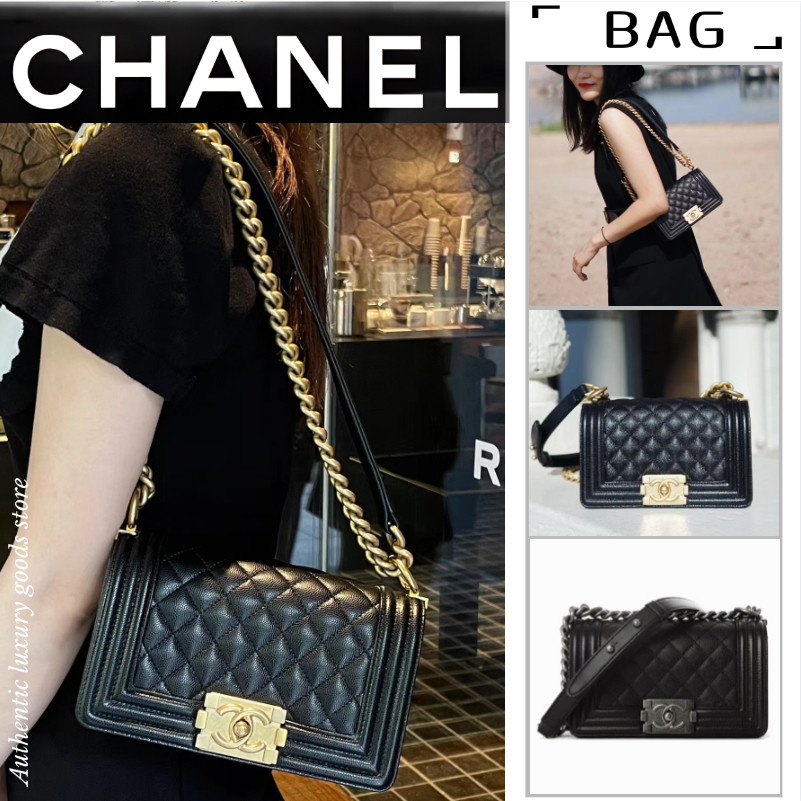 ชาแนล CHANEL Le Boy series หนังลูกวัวหัวเข็มขัดทองพลิกกระเป๋าสะพายกระเป๋าสะพายข้างขนาดเล็ก / กระเป๋