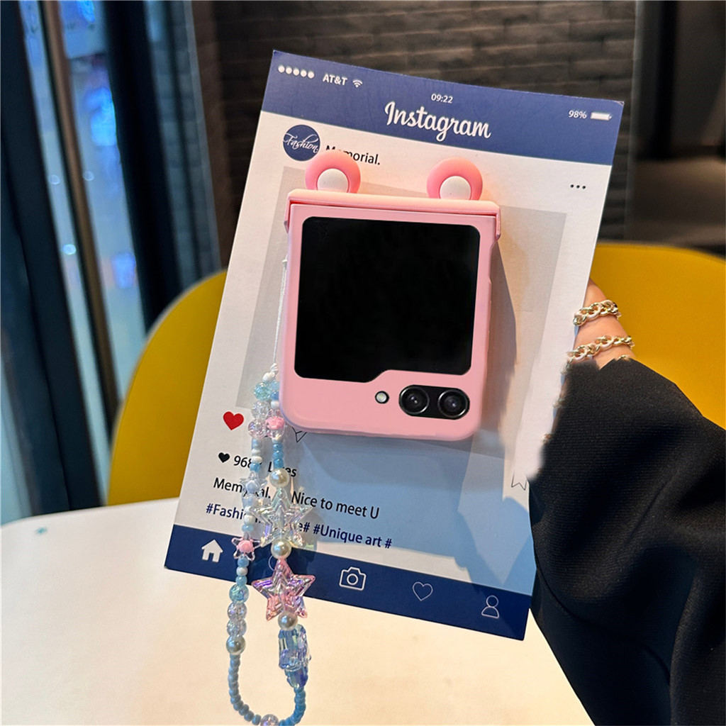 หวานน่ารักตลกหูหมีเคสโทรศัพท์สีชมพู Blue Star สร้อยข้อมือสําหรับ Samsung Galaxy Z Flip7 Z Flip6 Z Flip5 Z Flip4 Z Flip3 ปกหลัง