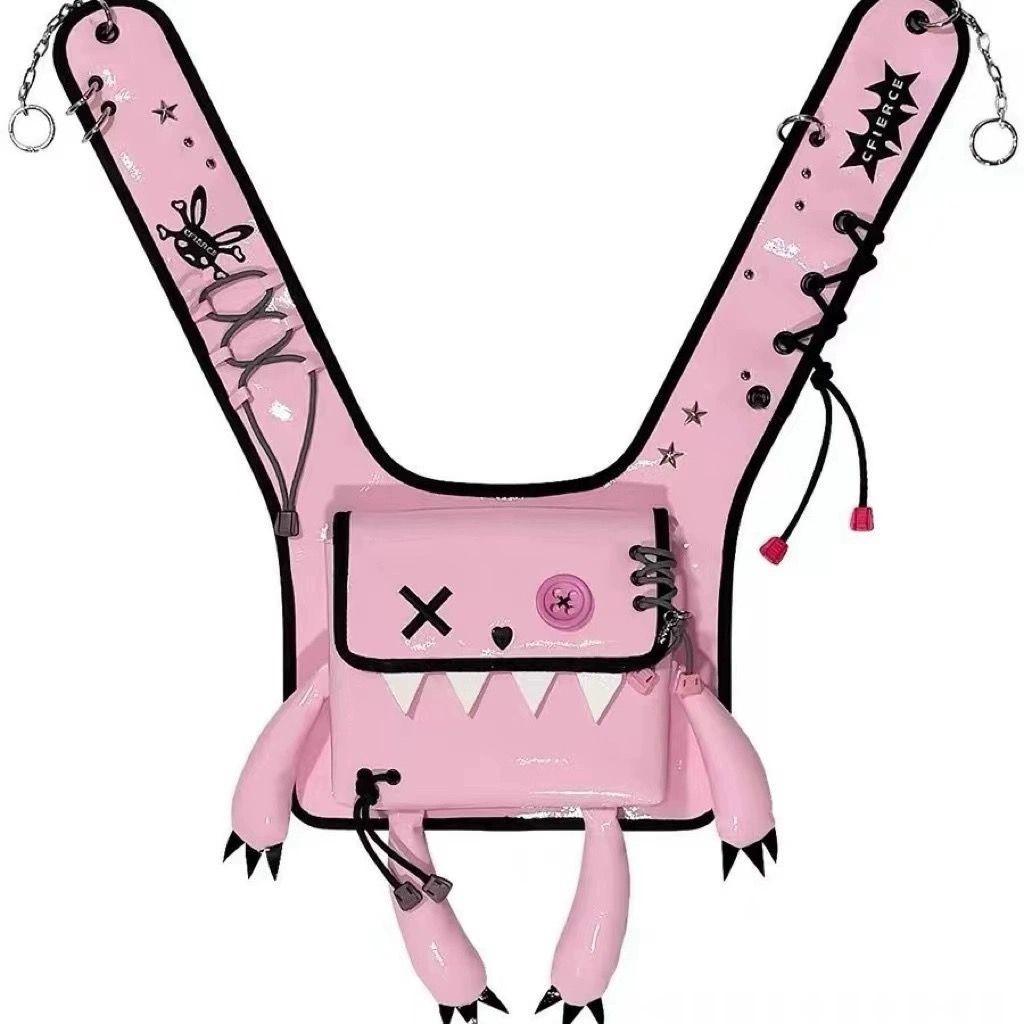 ♞👾CFIERCE กระต่ายมอนสเตอร์หนังสีดำสีชมพูชนกันน่ารักตลกสร้างสรรค์กระเป๋าสะพาย❤