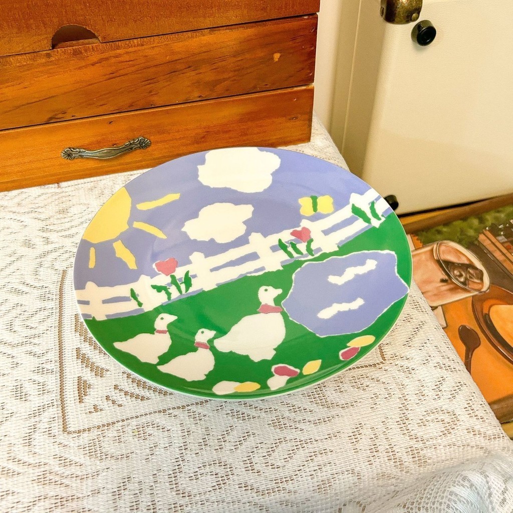 ภาษาฝรั่งเศสคำ INS Retro ภาพวาดสีน้ำมันแผ่นเซรามิคสไตล์ Pastoral จานขนมชายามบ่ายเค้ก Creative Home