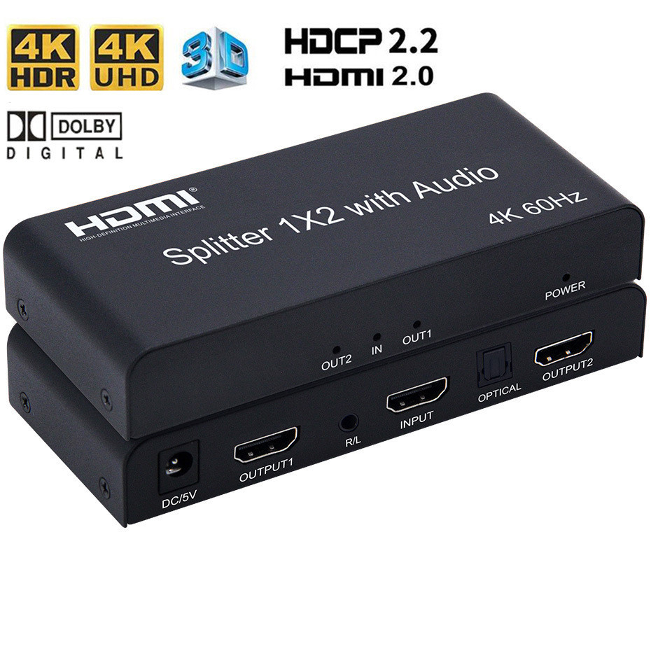 4k HDMI Splitter พร ้ อมเสียงออก HDR 4K 60Hz HDMI 2.0 Splitter 1 ใน 2 out +toslink เสียง + สเตอริโอสําหรับ PS5 PS4 pro apple TV