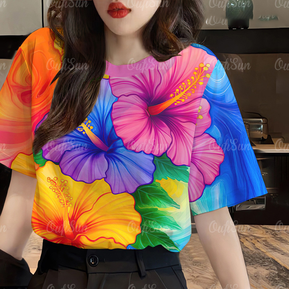 2568ผู้หญิงลายดอกไม้เสื้อยืดสําหรับผู้หญิง เสื้อผ้าดอกไม้เสื้อยืดท็อปส์พิมพ์ยืดแขนสั้นสบายๆทีถนนสวมใส่ โอ เวอร์ไซส์ ที ส04