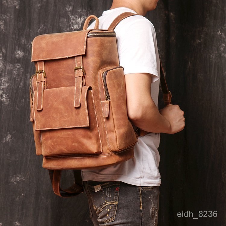 At- และ Retro New Men 's Leather Backpack Crazy Horse Leather Travel Mountain Climbing Backpack Lar