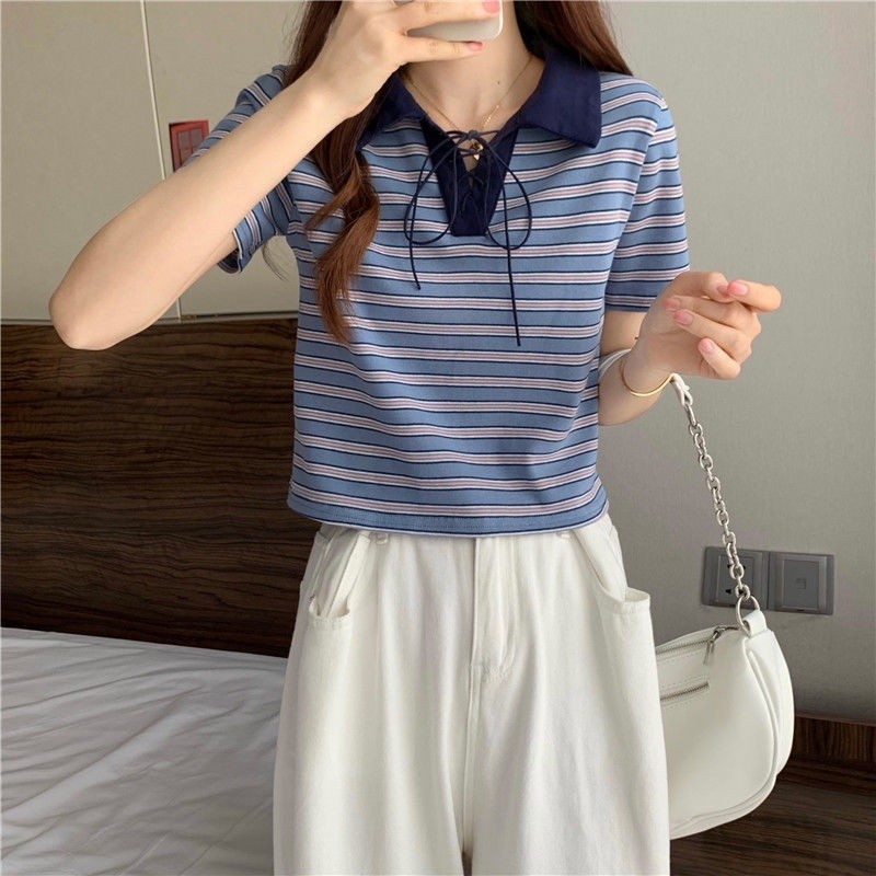 bananashop  ♞,♘,♙เสื้อโปโล แขนสั้น ลายทาง สีน้ําตาล แฟชั่นสําหรับผู้หญิง