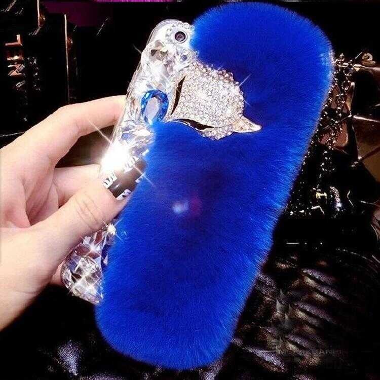 ❤ 3D Bling Diamond Soft Fur Fox Head Phone Case For Iphone 11 12 13 14 15 Pro Max XR XS 7 8 Plus