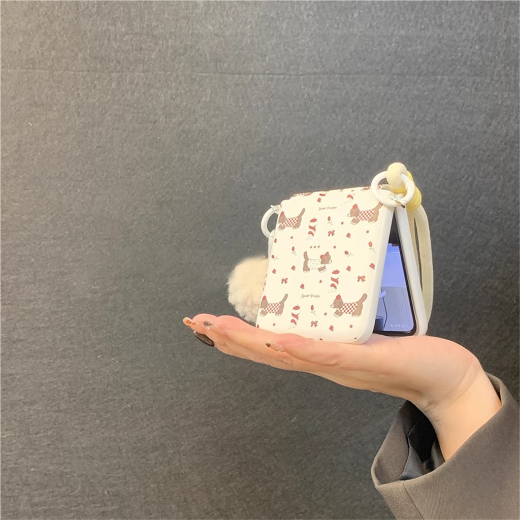 น่ารักเกาหลีเต็มหน้าจอ Dachshund Puppy Case พร้อม Hairball Bell แบบพกพาสําหรับ Samsung Galaxy Z Flip