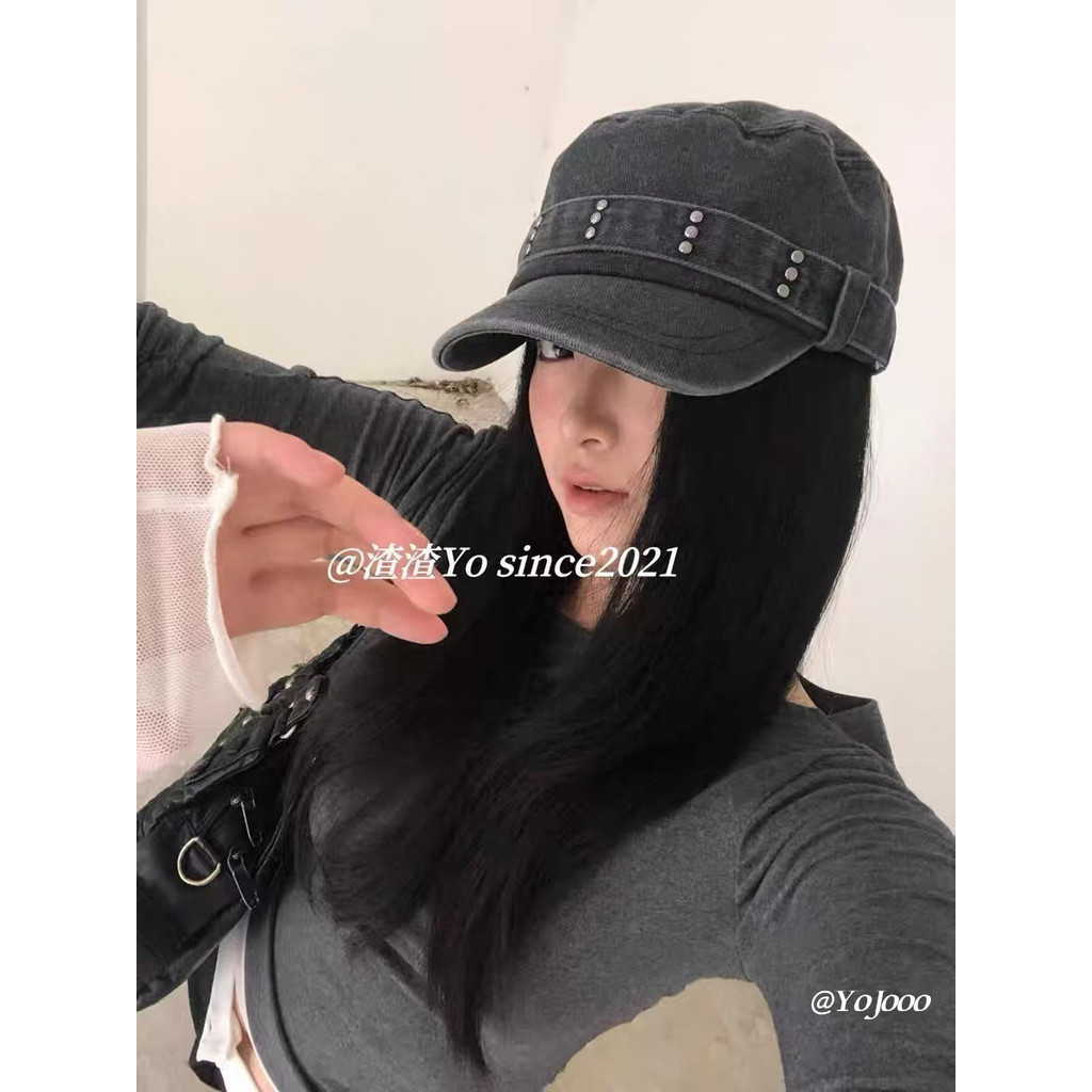 สไตล์ใหม่ฤดูใบไม้ร่วงฤดูหนาว Retro Denim แบน Peaked หมวกล้าง Distressed All-Match ขนาดเล็ก Rivets หัวใหญ่เส้นรอบวงหมวก