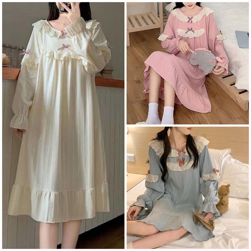 Clothing-Thชุดนอนผู้หญิง ชุดเจ้าหญิงตัวยาว กระโปรงแขนยาว ชุดนอน ชุดอยู่บ้านหลวมๆ ใส่สบาย