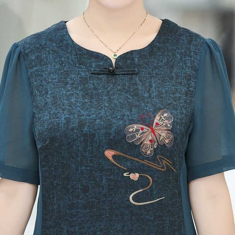 ❤ Mom Summer Dress Short Sleeve Temperament Chiffon Dress Broad Lady Foreign Style 40 Years Old 5