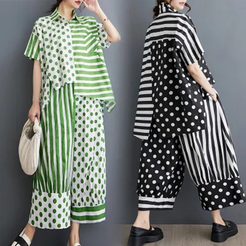 Ladivi Plus ขนาดผู้หญิงแฟชั่นพิมพ์ชุดสองชิ้นฤดูร้อนใหม่สบายๆหลวมเสื้อกางเกง 2 ชิ้นชุด Vintage สุภาพสตรีเสื้อผ้าขนาดใหญ่ 8172 C044