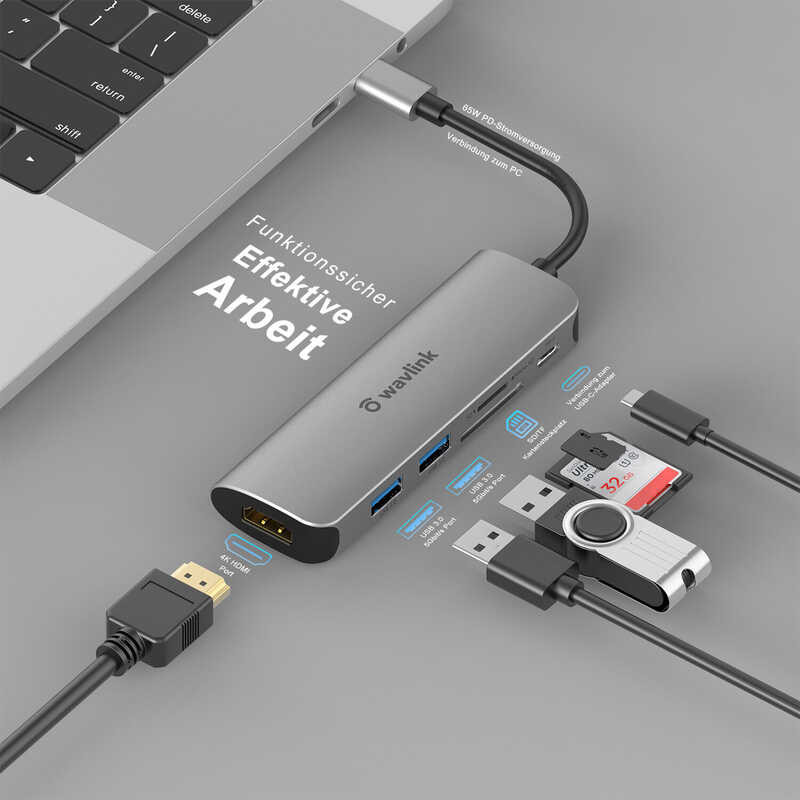 USB-C Wavlink 6-in-1 Hub/Dock 480Mbps SD & TF Slot with 2 USB3.0 Ports/4K HDMI Ports/SD/microSD Car 