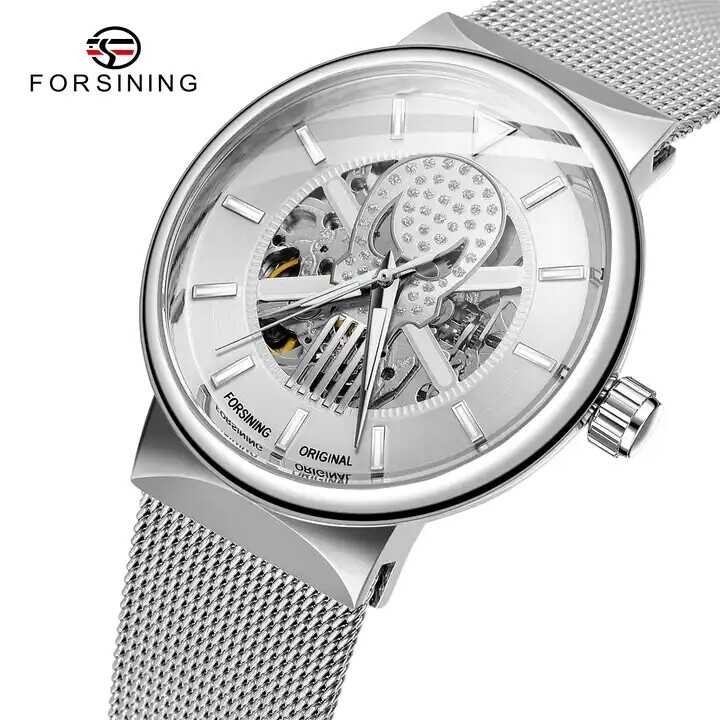 Forsining Watch Original Night Glow Automatic Mechanical Framework Stainless Steel Mesh Band Watch, 