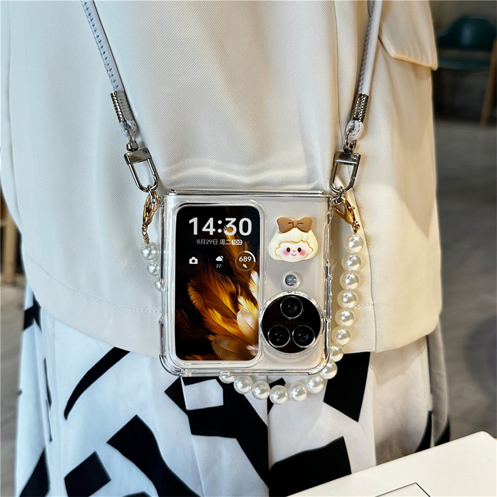 เคสโทรศัพท์ใสสาวน่ารักเกาหลีพร้อมสร้อยข้อมือมุกสําหรับ OPPO N3Flip N2 Flip N3 Flip N2flip N3Flip Cover พร้อมสายรัด