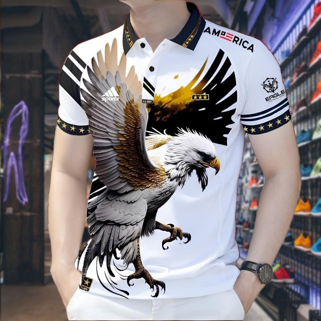 ใหม่ นกอินทรี พิมพ์อินเทรนด์แฟชั่นเสื้อโปโลคลาสสิกระบายอากาศสบายกีฬาแขนสั้นเสื้อโปโล